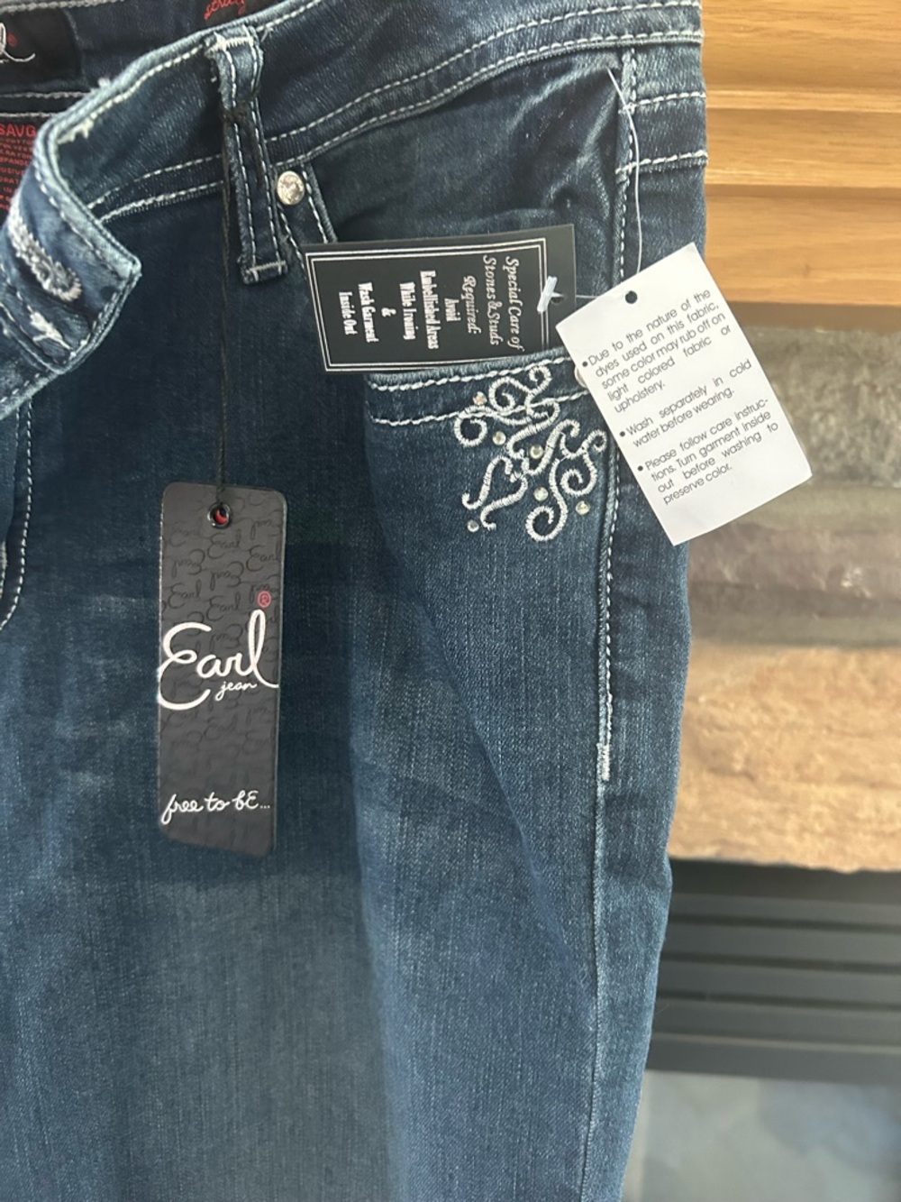 Earl Jeans Dark Blue Jeans with White Embroidered Pocket